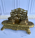 Antique Ornate Brass Double Inkwell Desk Stand