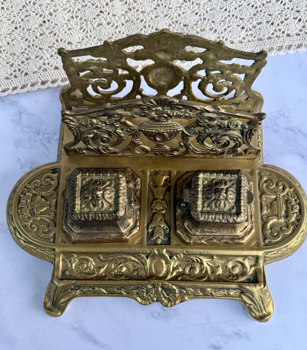 Antique Ornate Brass Double Inkwell Desk Stand