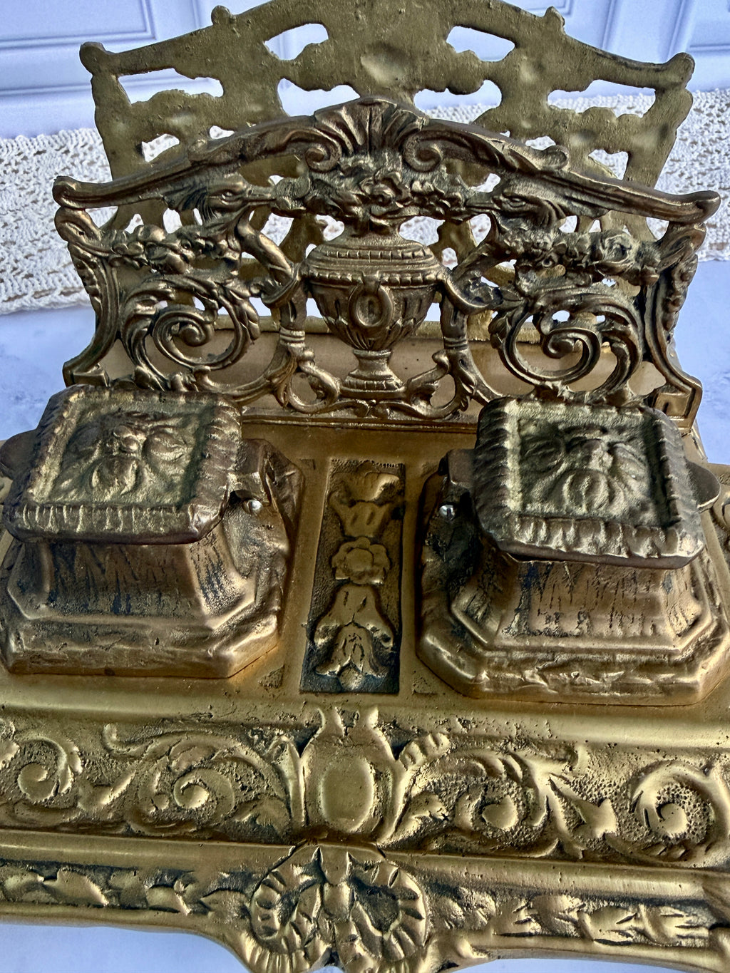 Antique Ornate Brass Double Inkwell Desk Stand