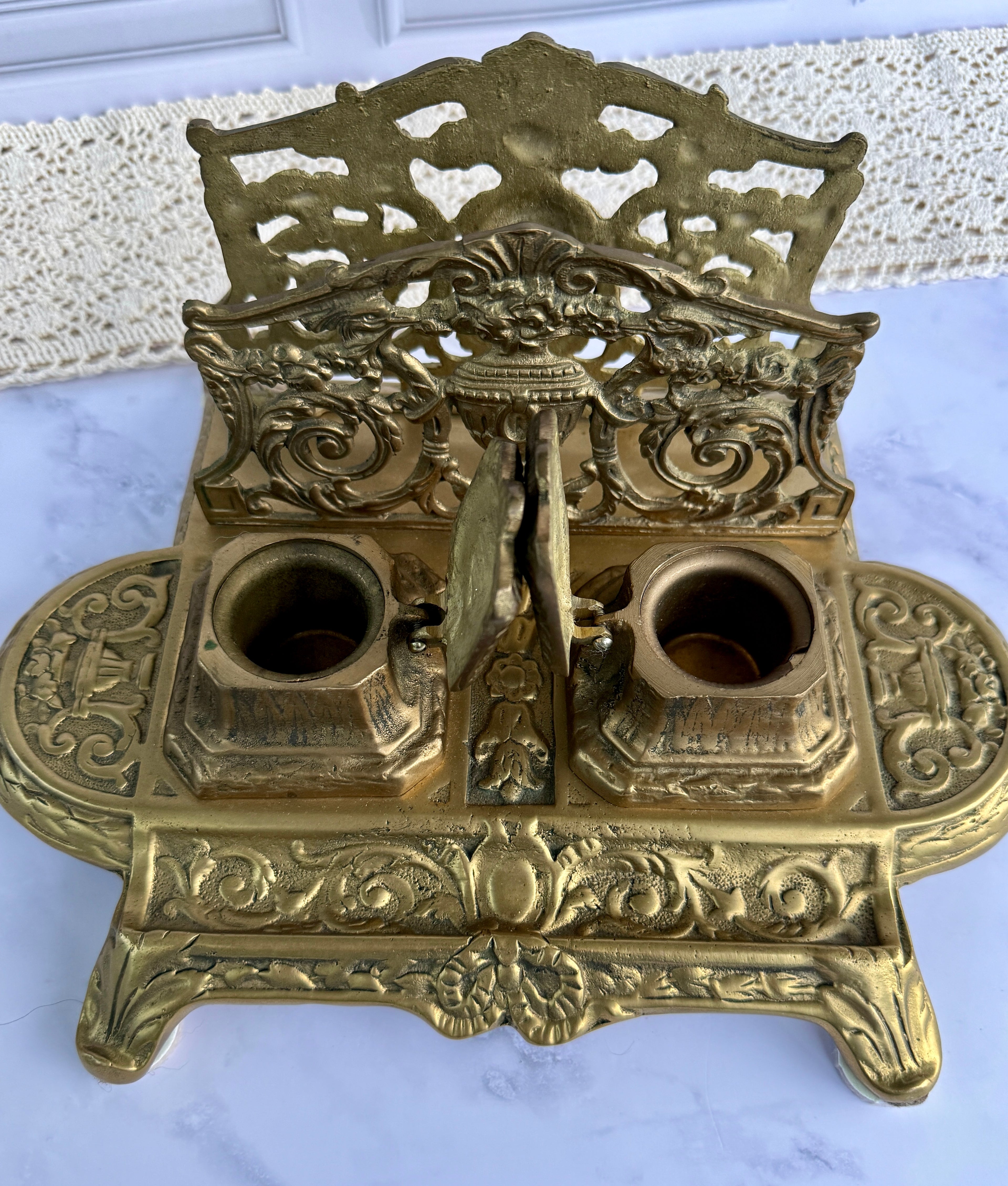 Antique Ornate Brass Double Inkwell Desk Stand