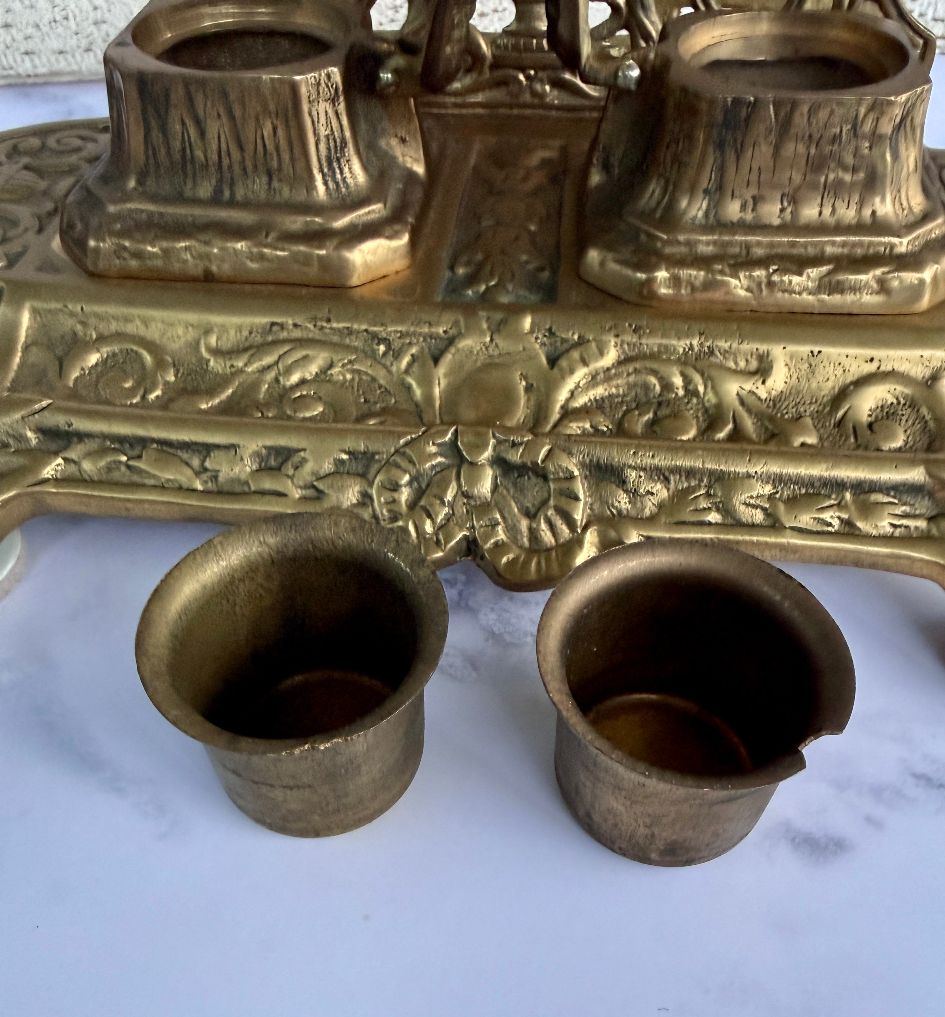 Antique Ornate Brass Double Inkwell Desk Stand