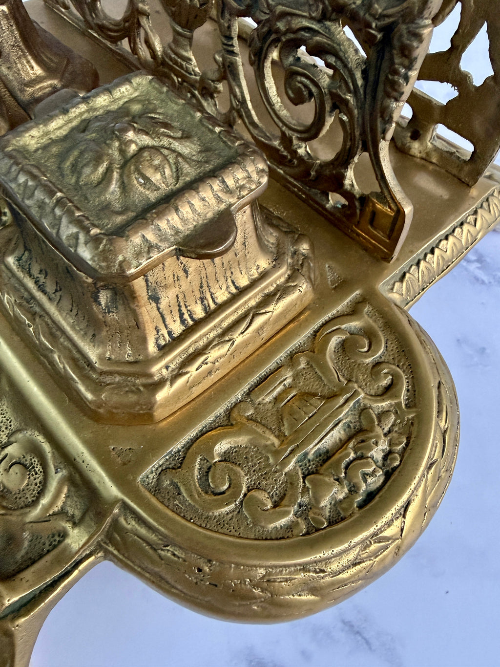 Antique Ornate Brass Double Inkwell Desk Stand