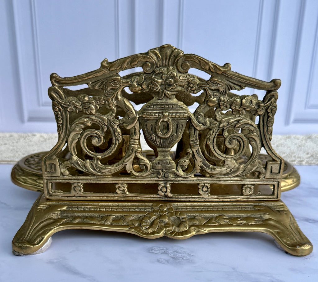 Antique Ornate Brass Double Inkwell Desk Stand