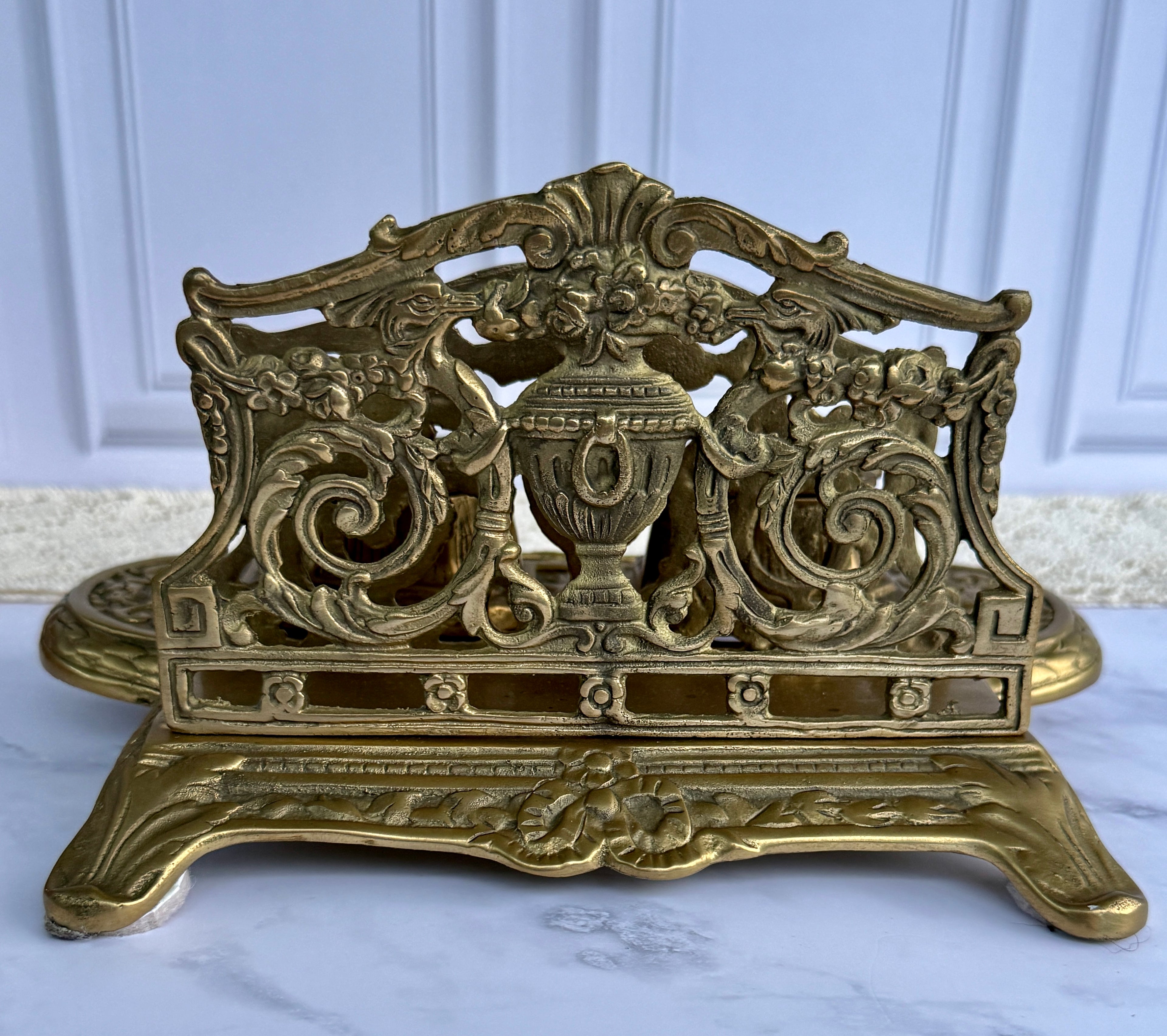 Antique Ornate Brass Double Inkwell Desk Stand