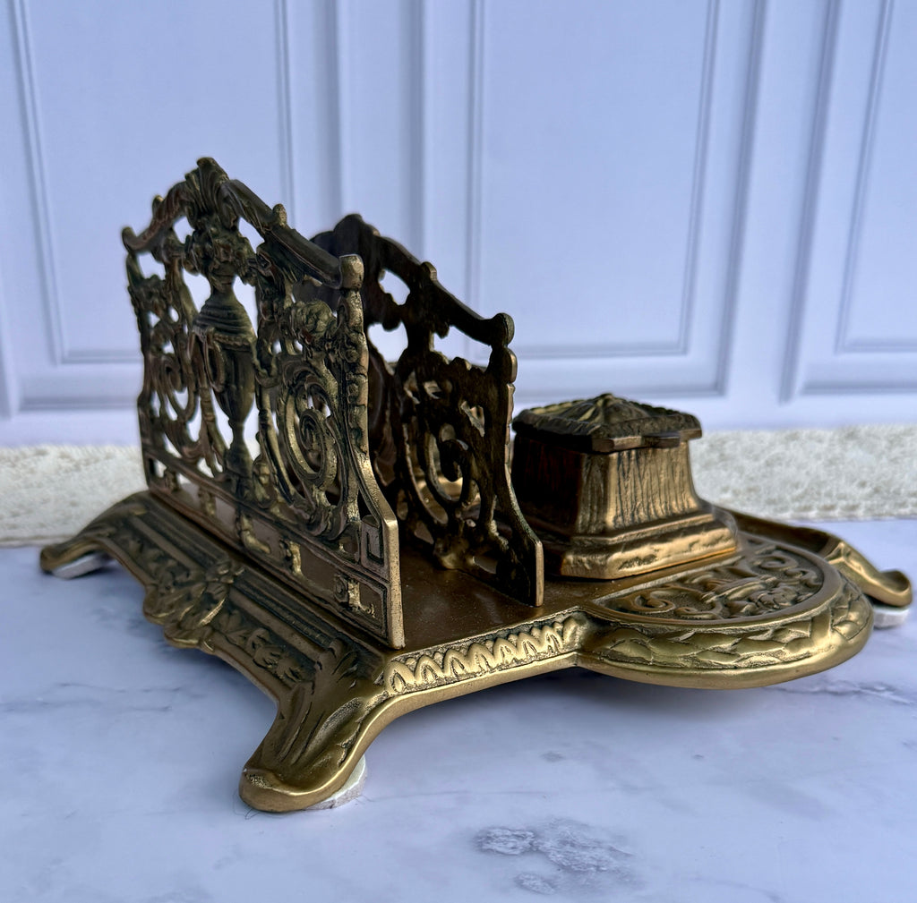 Antique Ornate Brass Double Inkwell Desk Stand