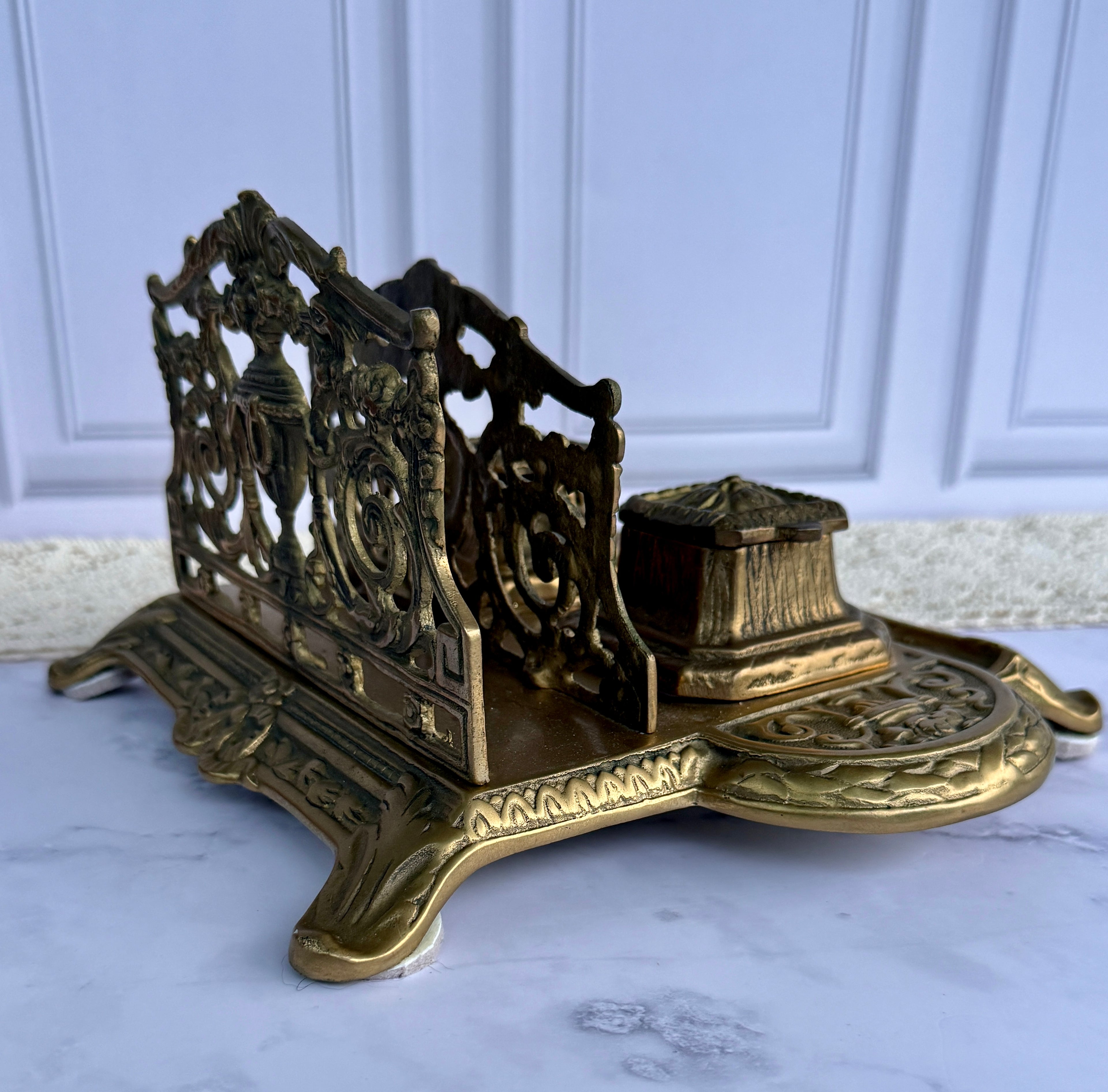 Antique Ornate Brass Double Inkwell Desk Stand