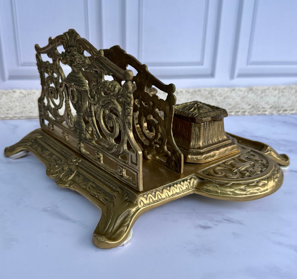 Antique Ornate Brass Double Inkwell Desk Stand