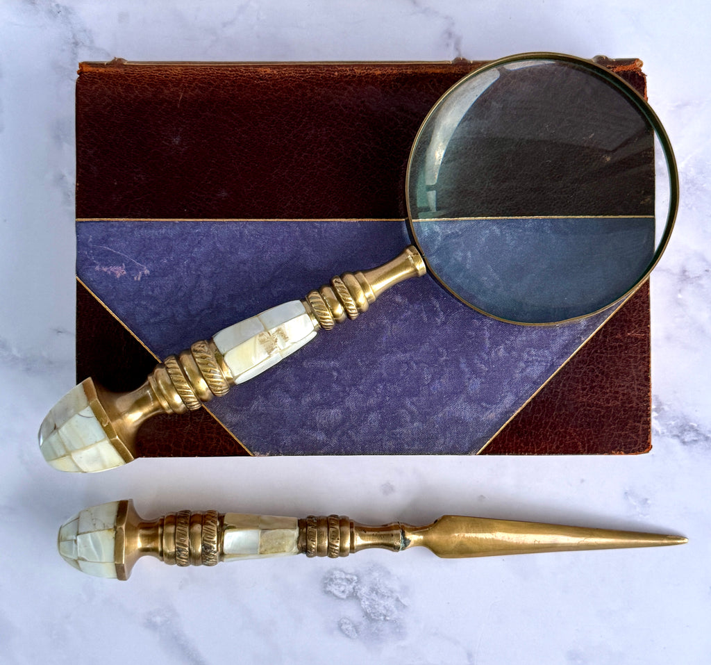 Vintage Mother of Pearl & Brass Magnifying Glass and Letter Opener Set