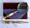 Vintage Mother of Pearl & Brass Magnifying Glass and Letter Opener Set