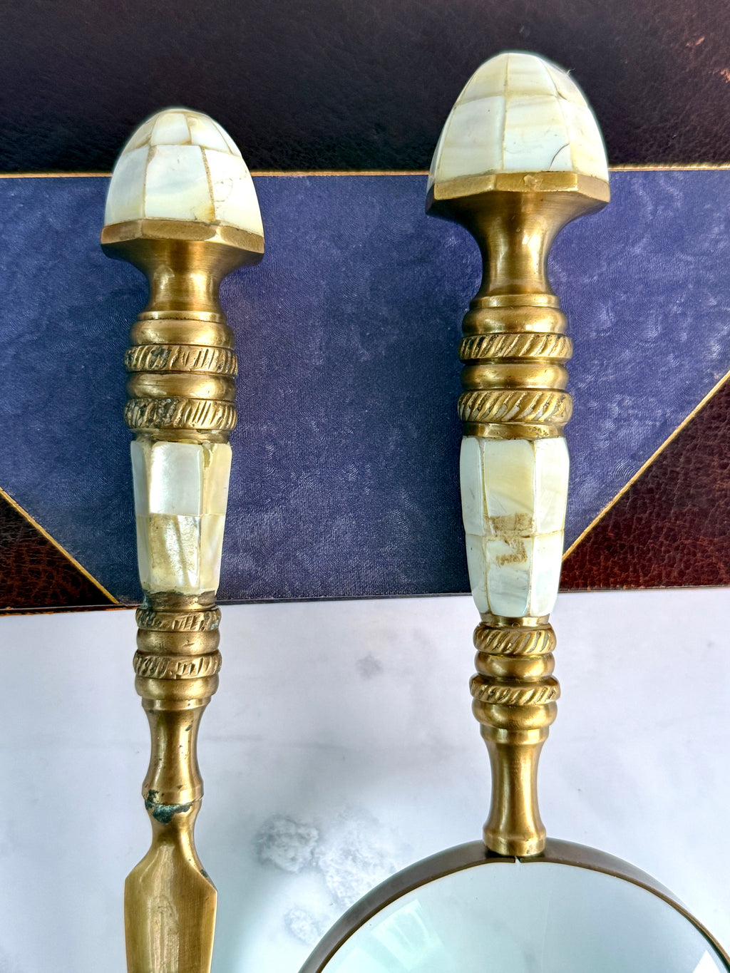 Vintage Mother of Pearl & Brass Magnifying Glass and Letter Opener Set