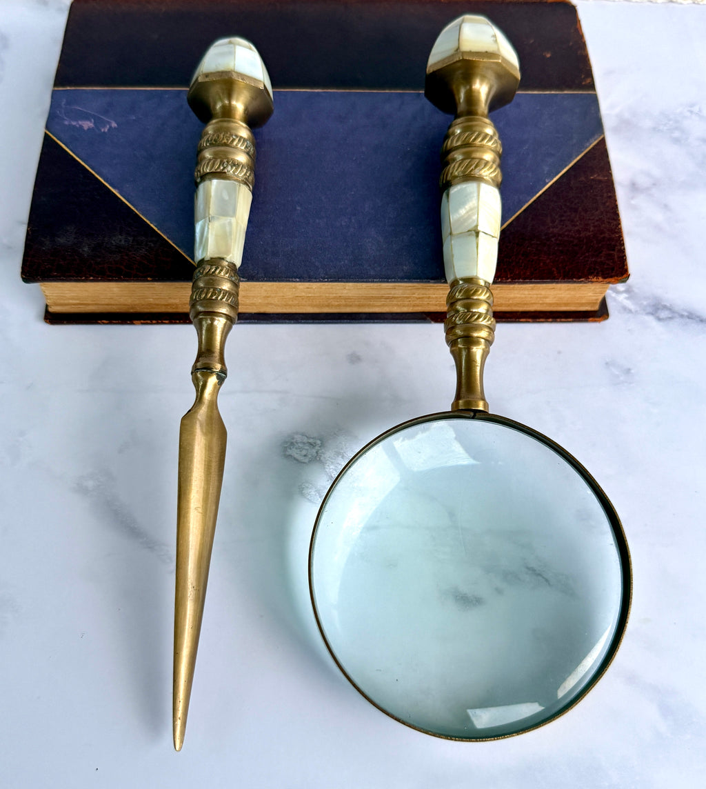 Vintage Mother of Pearl & Brass Magnifying Glass and Letter Opener Set