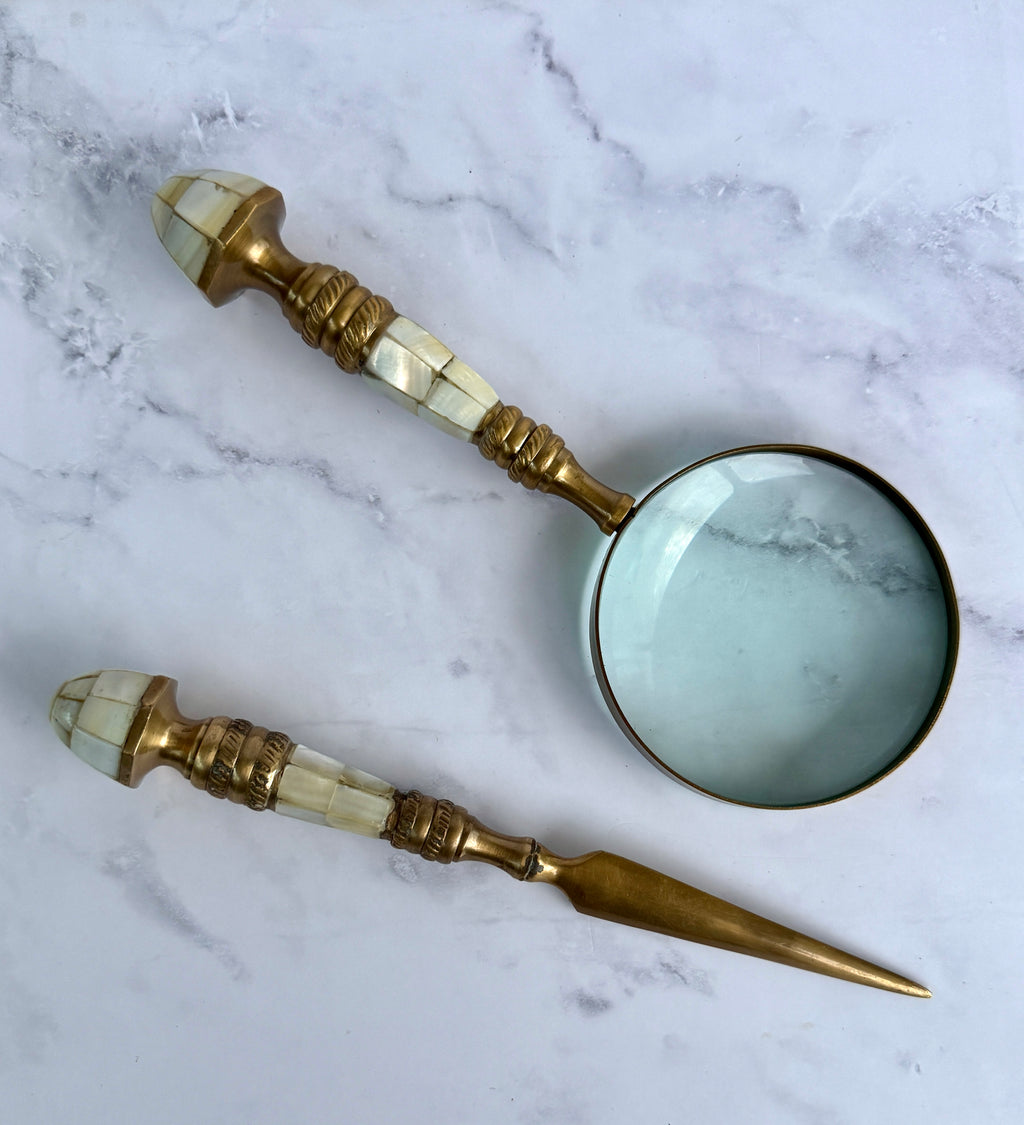 Vintage Mother of Pearl & Brass Magnifying Glass and Letter Opener Set