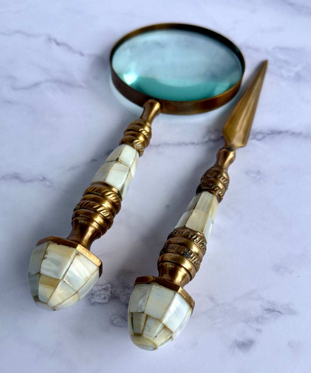 Vintage Mother of Pearl & Brass Magnifying Glass and Letter Opener Set