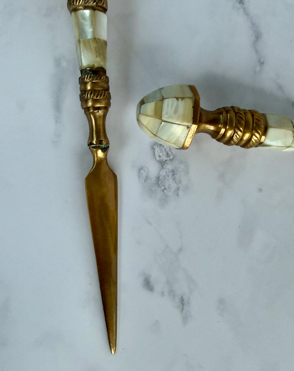Vintage Mother of Pearl & Brass Magnifying Glass and Letter Opener Set