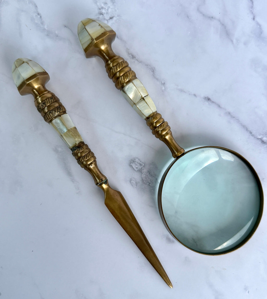 Vintage Mother of Pearl & Brass Magnifying Glass and Letter Opener Set