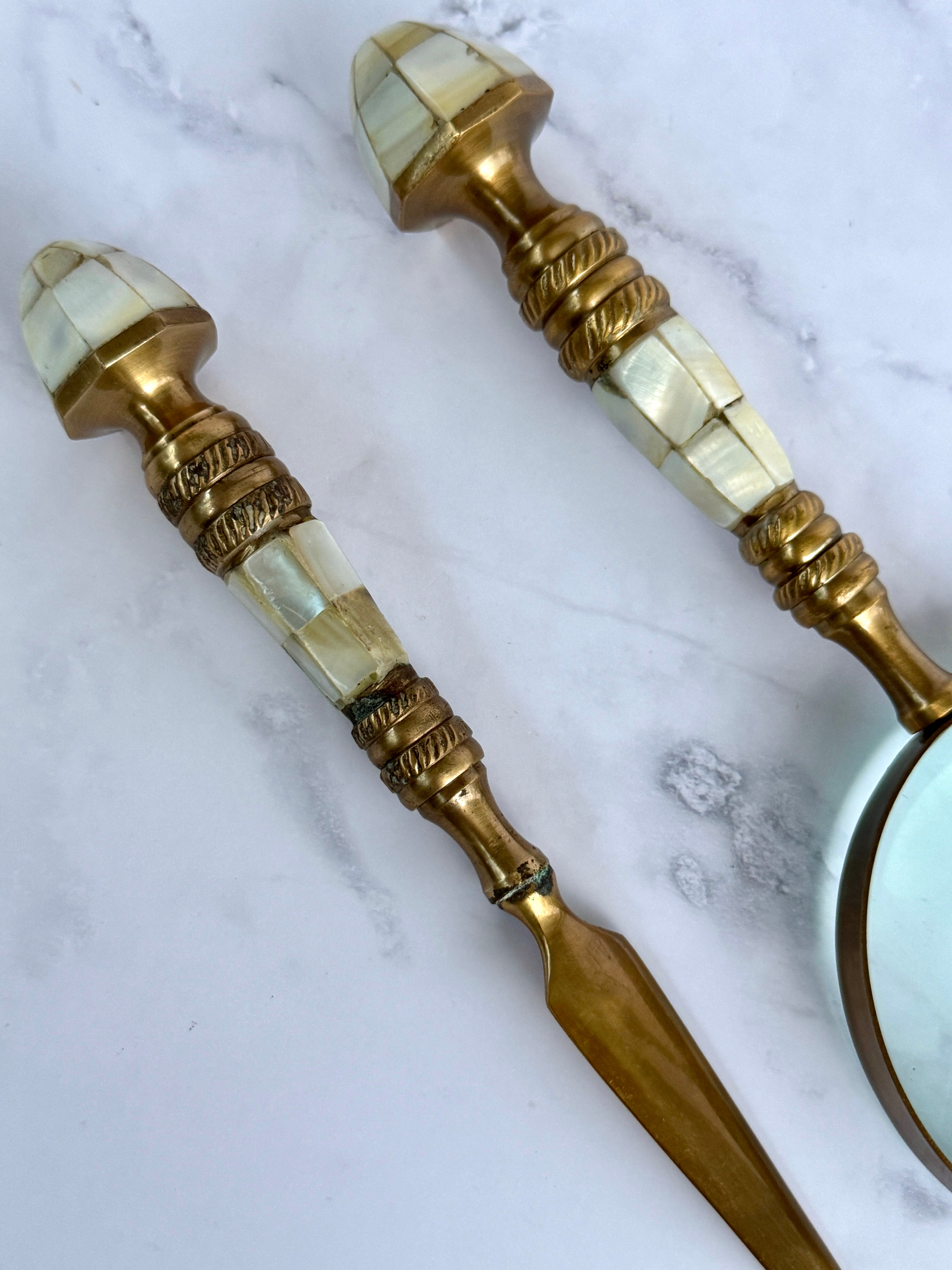 Vintage Mother of Pearl & Brass Magnifying Glass and Letter Opener Set