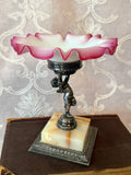Antique Pairpoint Pink Satin Glass Cupid Brides Bowl with Onyx Base