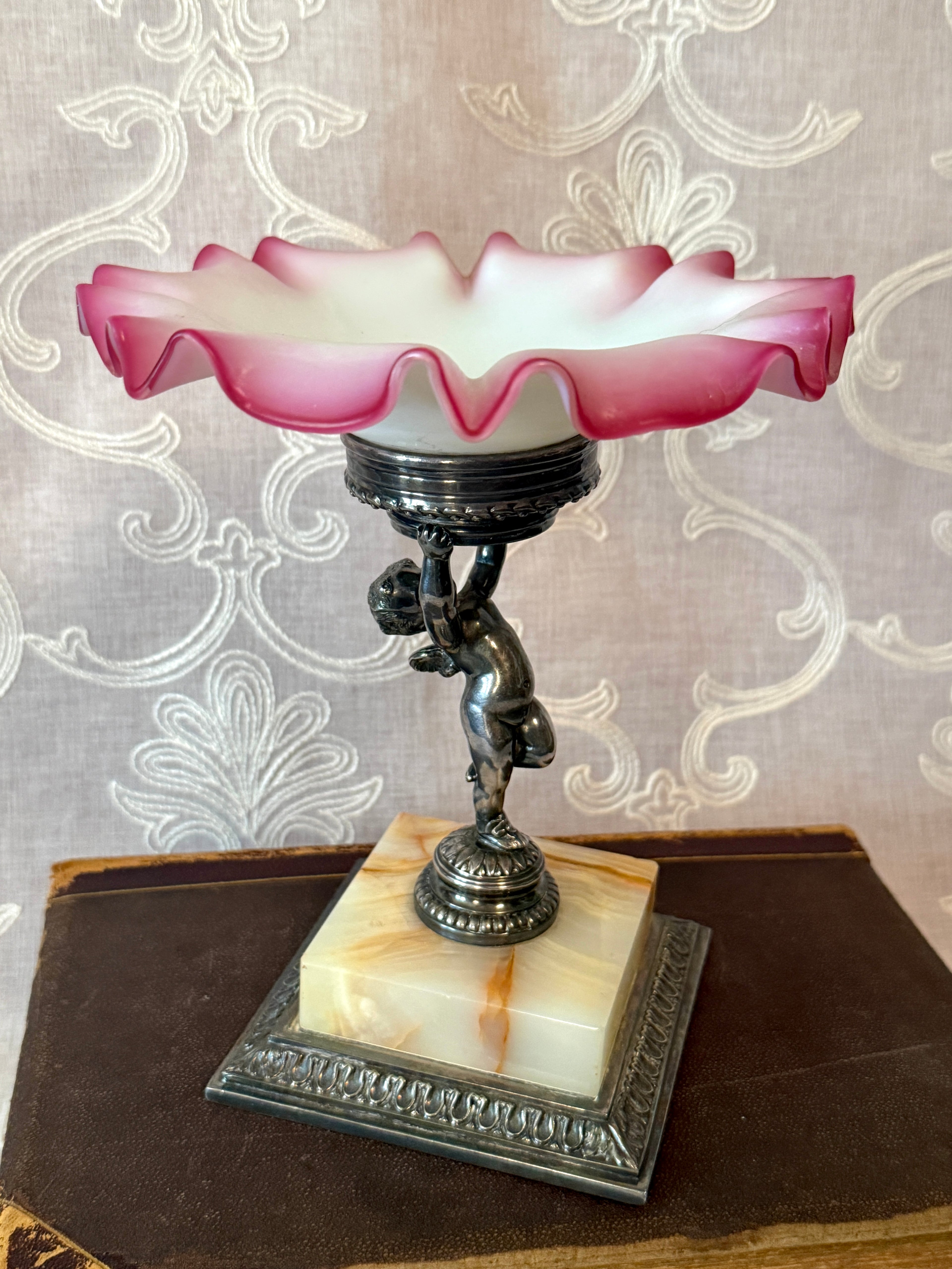 Antique Pairpoint Pink Satin Glass Cupid Brides Bowl with Onyx Base