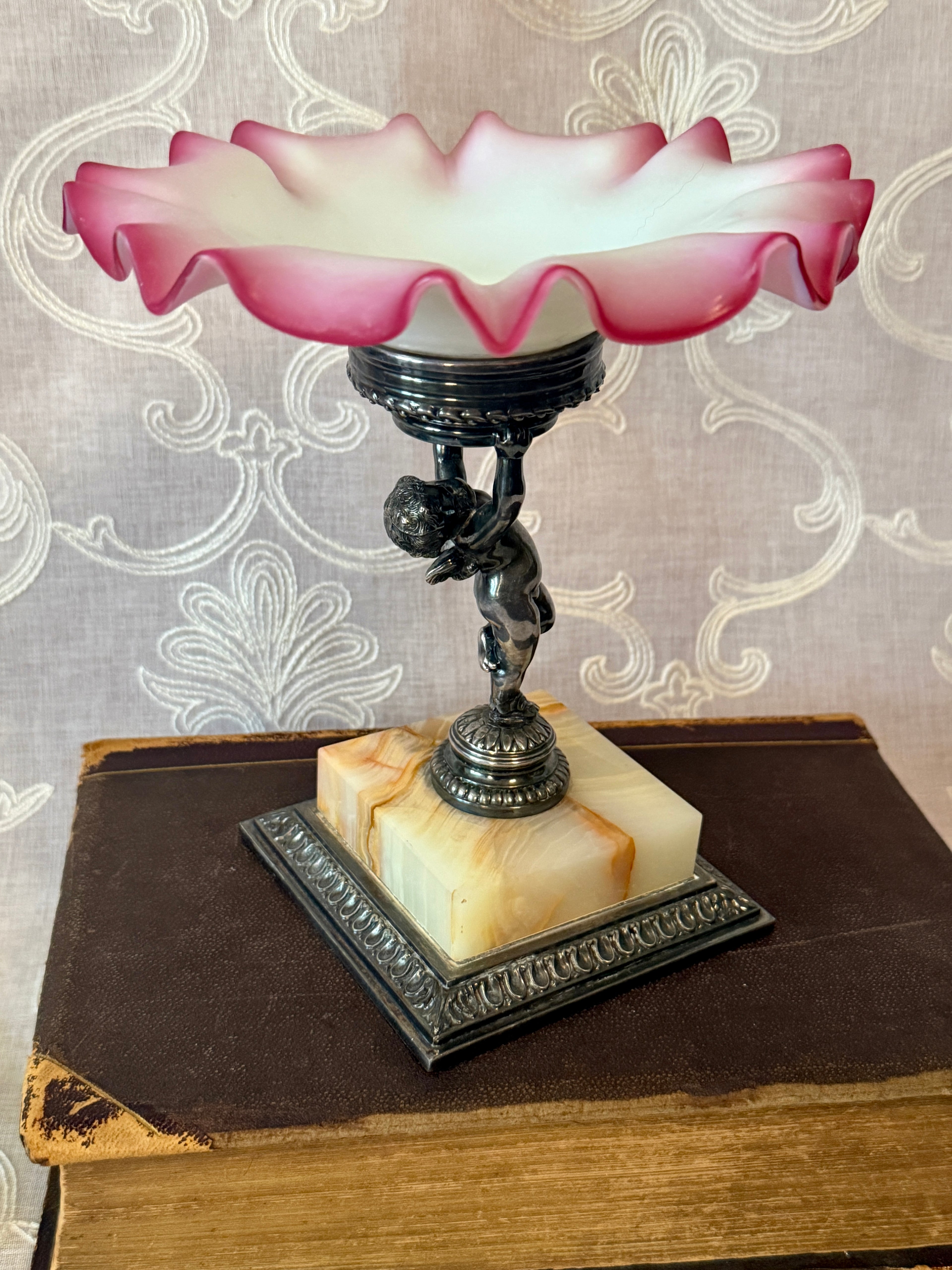 Antique Pairpoint Pink Satin Glass Cupid Brides Bowl with Onyx Base
