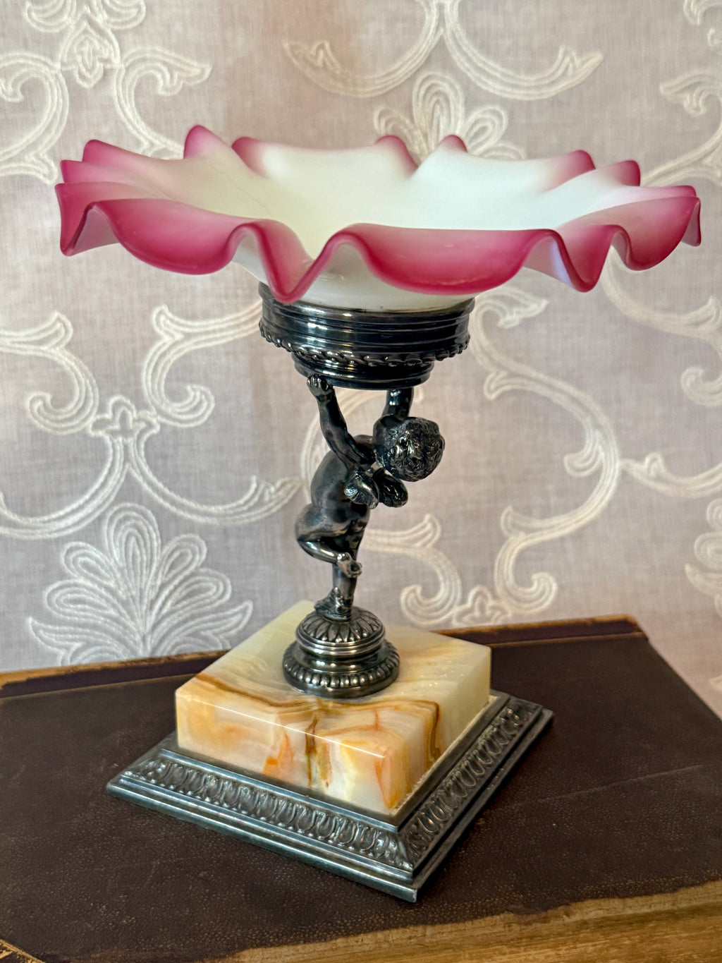 Antique Pairpoint Pink Satin Glass Cupid Brides Bowl with Onyx Base