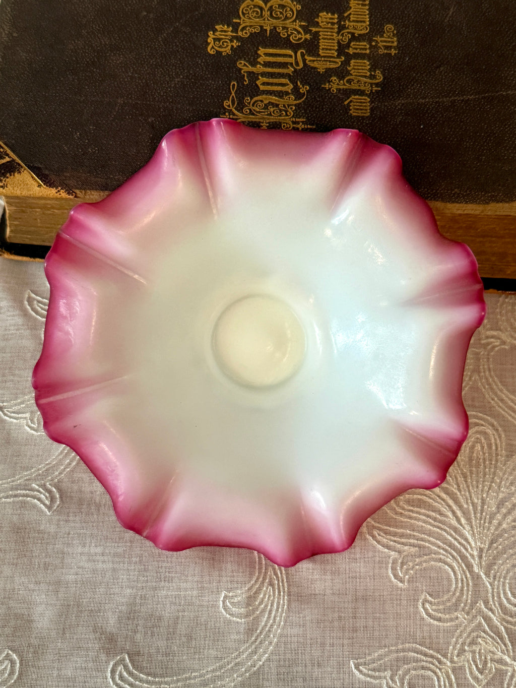 Antique Pairpoint Pink Satin Glass Cupid Brides Bowl with Onyx Base