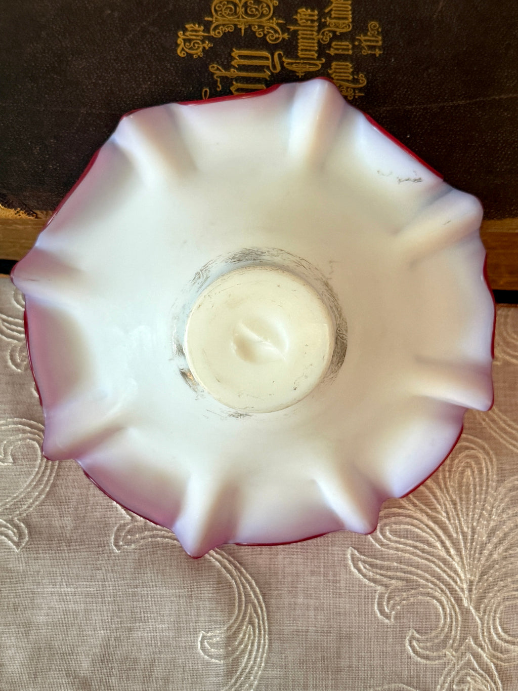 Antique Pairpoint Pink Satin Glass Cupid Brides Bowl with Onyx Base