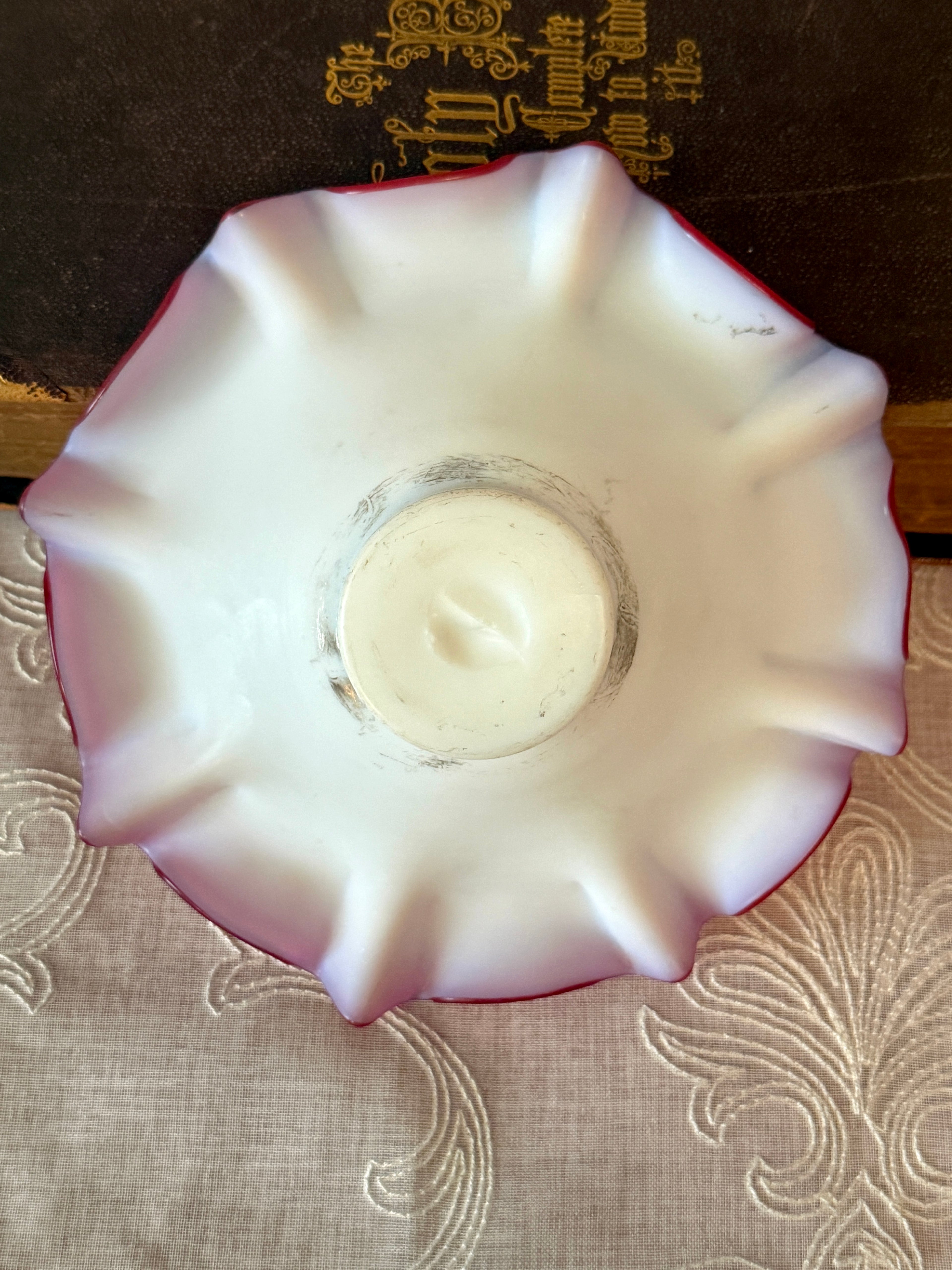 Antique Pairpoint Pink Satin Glass Cupid Brides Bowl with Onyx Base