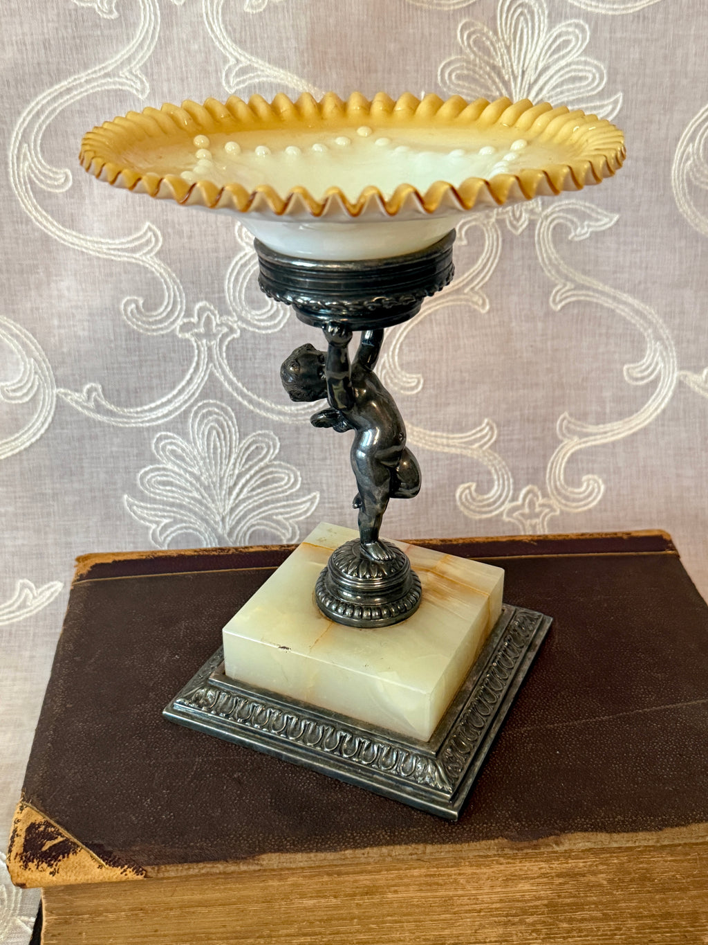 Vintage Pairpoint Figural Compote with Art Glass Bowl & Onyx Base