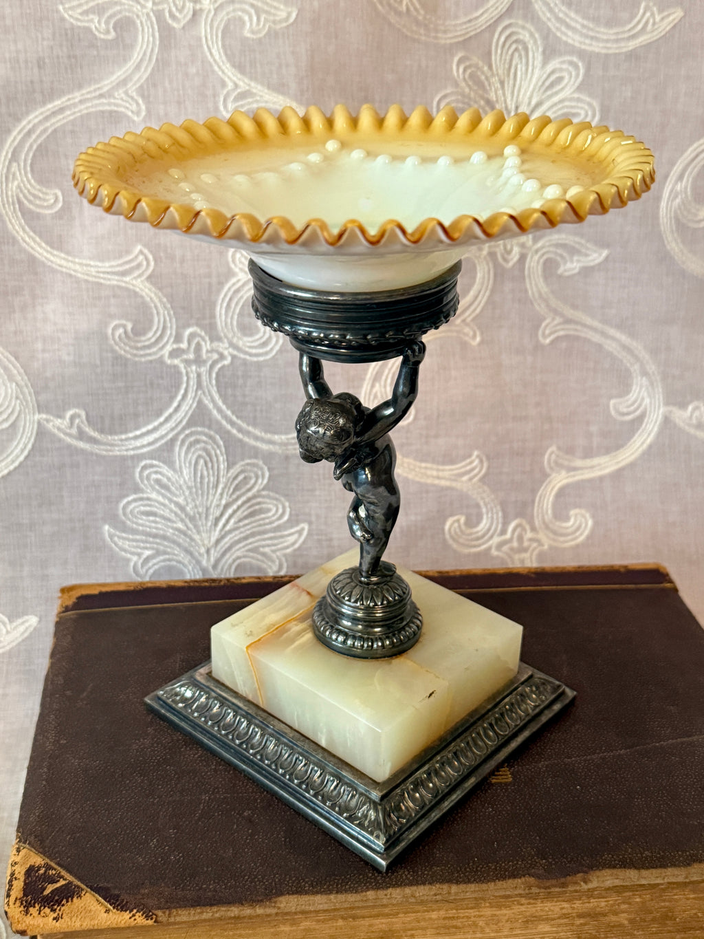Vintage Pairpoint Figural Compote with Art Glass Bowl & Onyx Base