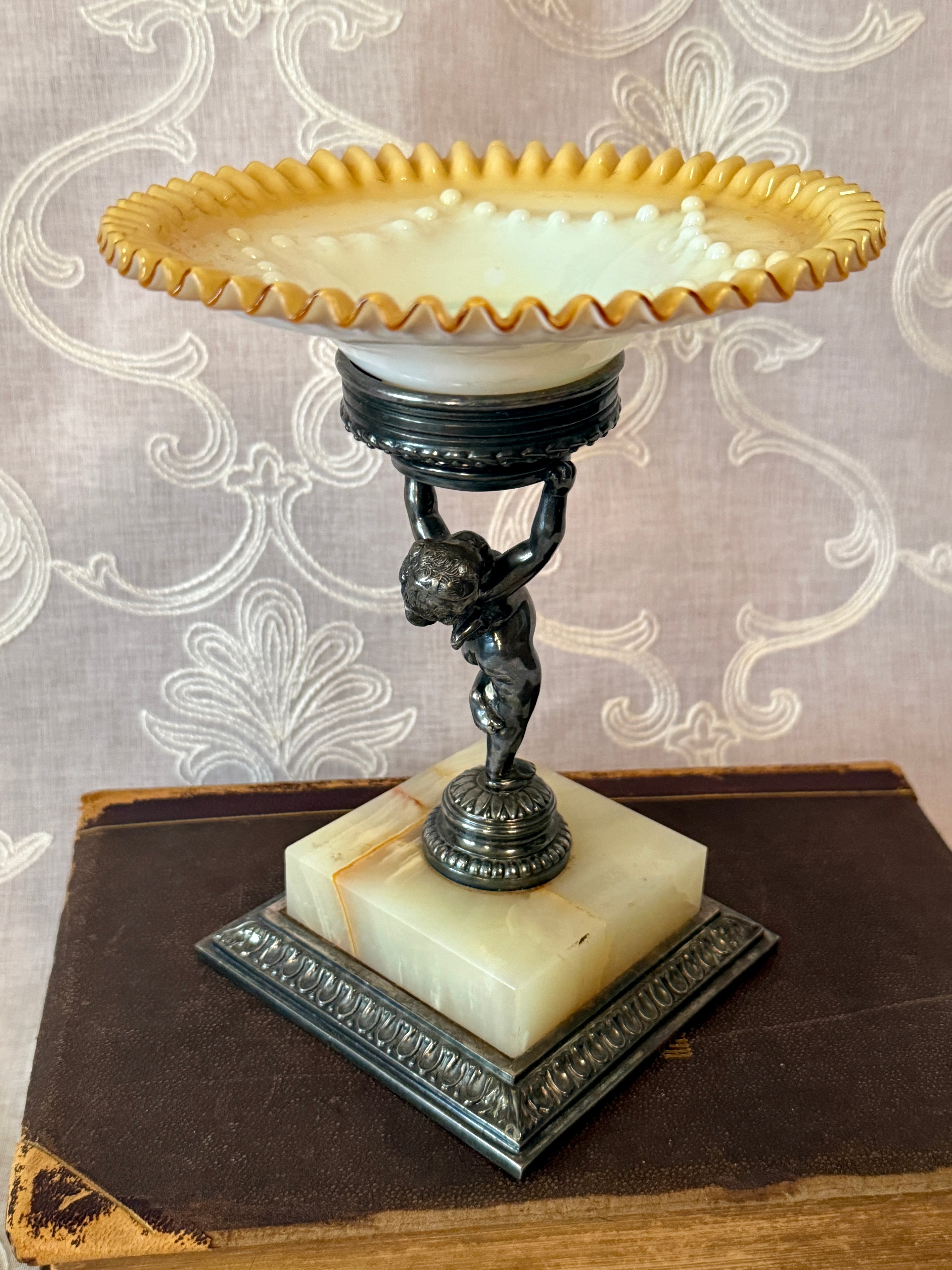 Vintage Pairpoint Figural Compote with Art Glass Bowl & Onyx Base