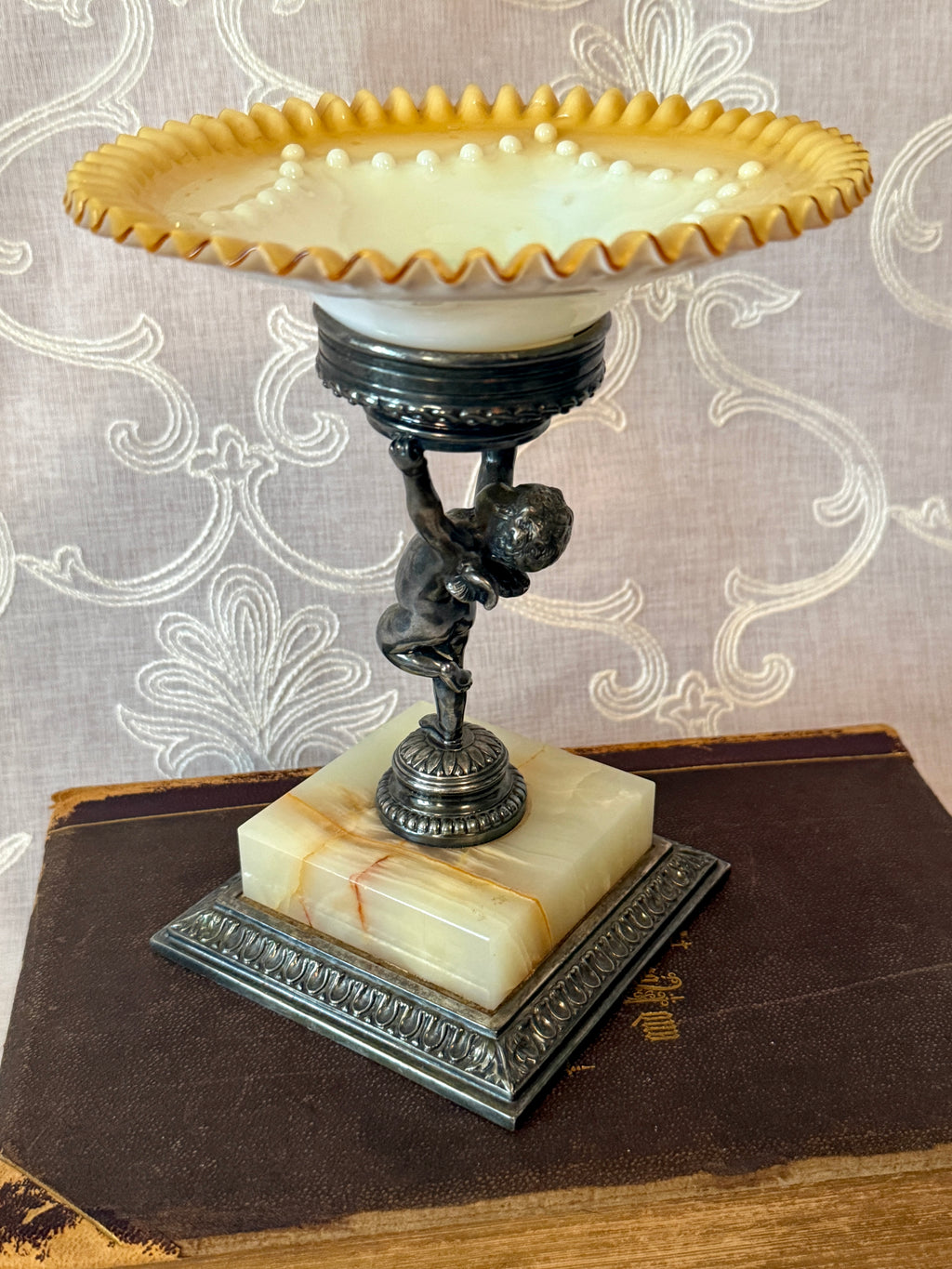Vintage Pairpoint Figural Compote with Art Glass Bowl & Onyx Base