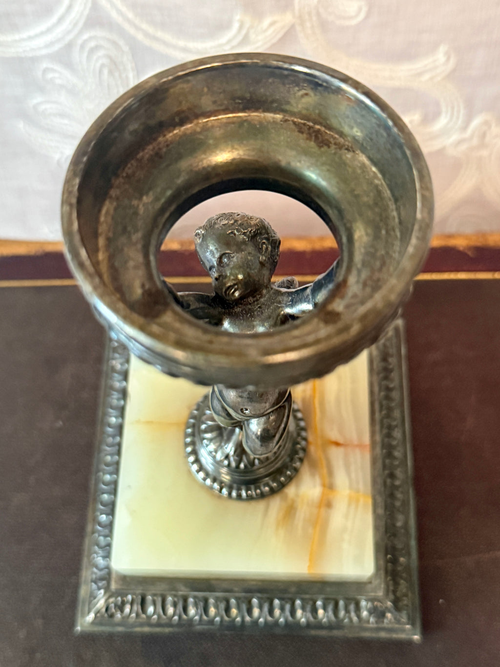 Vintage Pairpoint Figural Compote with Art Glass Bowl & Onyx Base