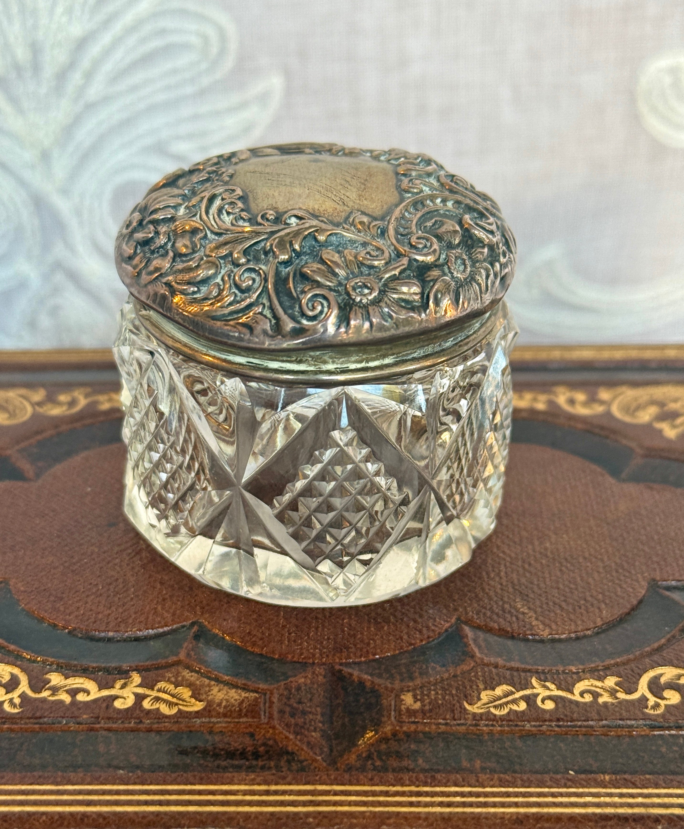 Antique Cut Glass Vanity Jar with Sterling Silver Repoussé Lid