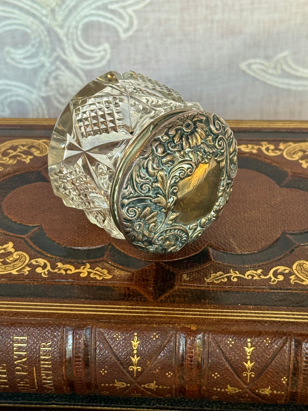 Antique Cut Glass Vanity Jar with Sterling Silver Repoussé Lid