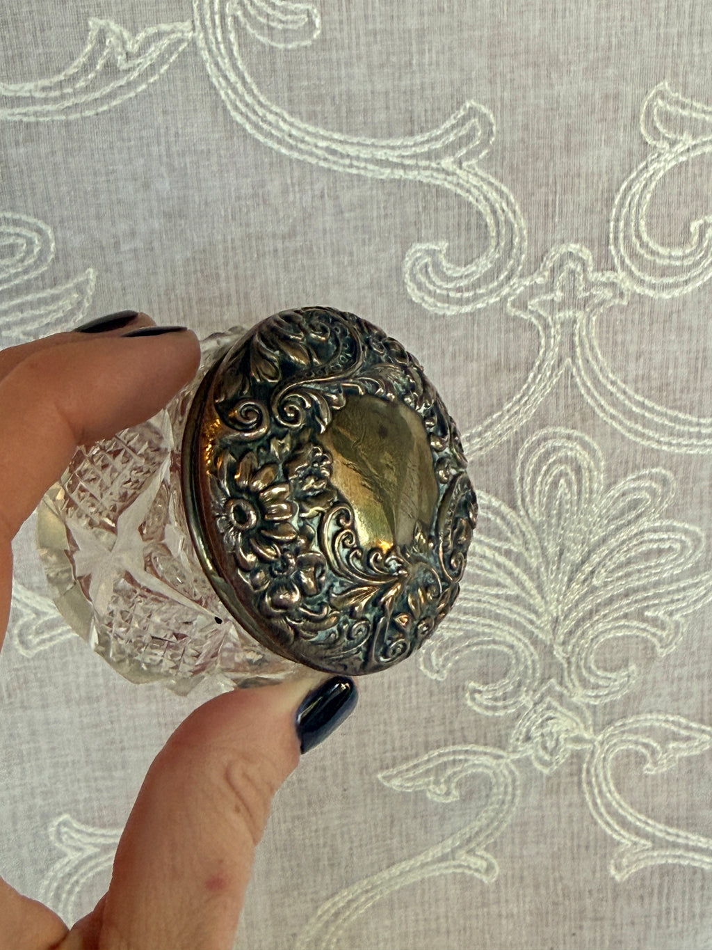 Antique Cut Glass Vanity Jar with Sterling Silver Repoussé Lid
