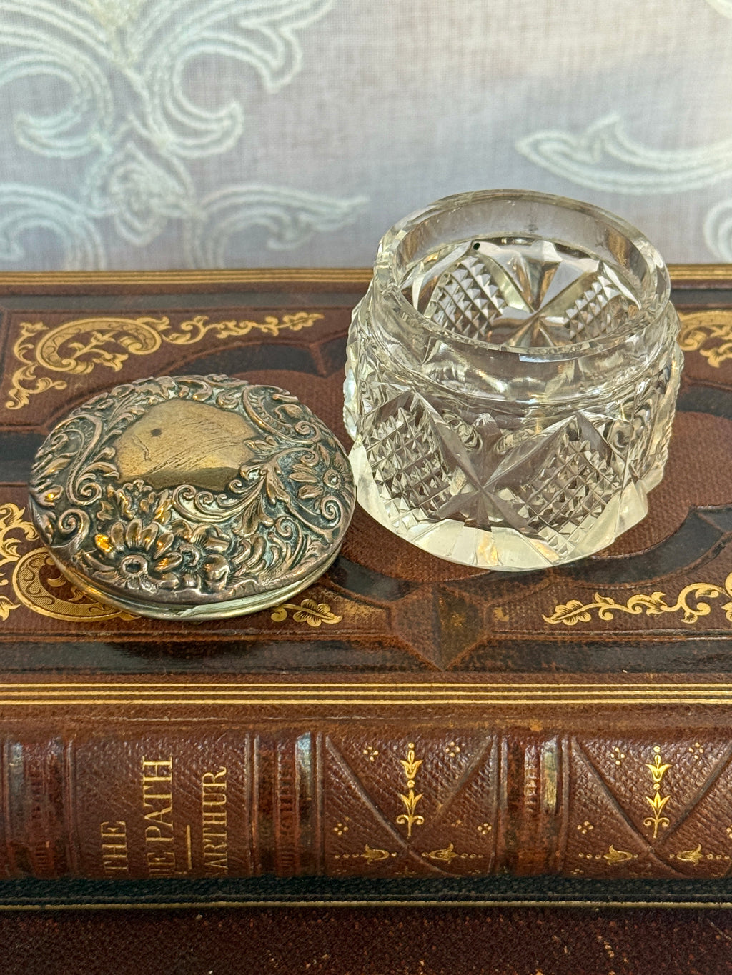 Antique Cut Glass Vanity Jar with Sterling Silver Repoussé Lid