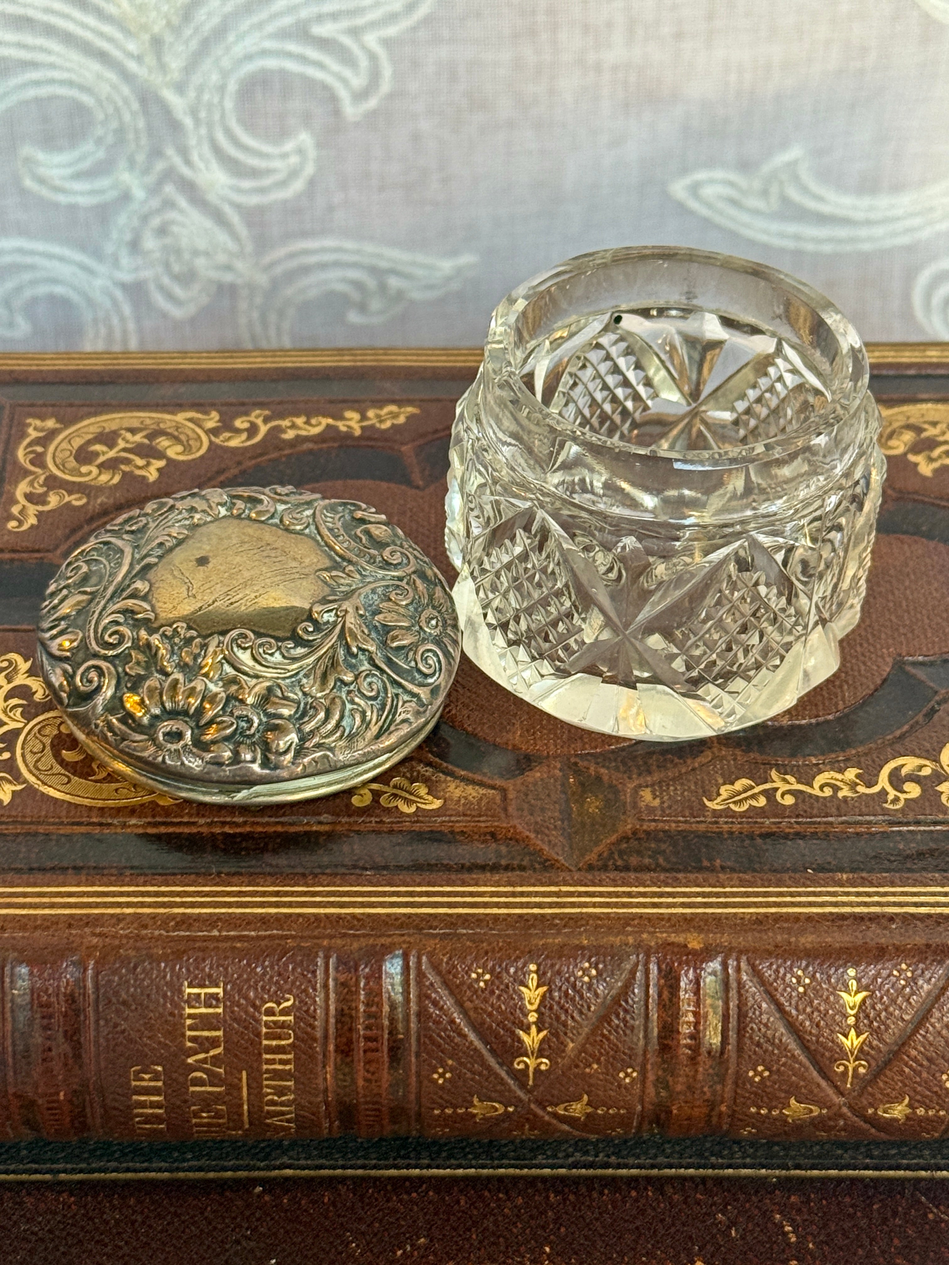 Antique Cut Glass Vanity Jar with Sterling Silver Repoussé Lid