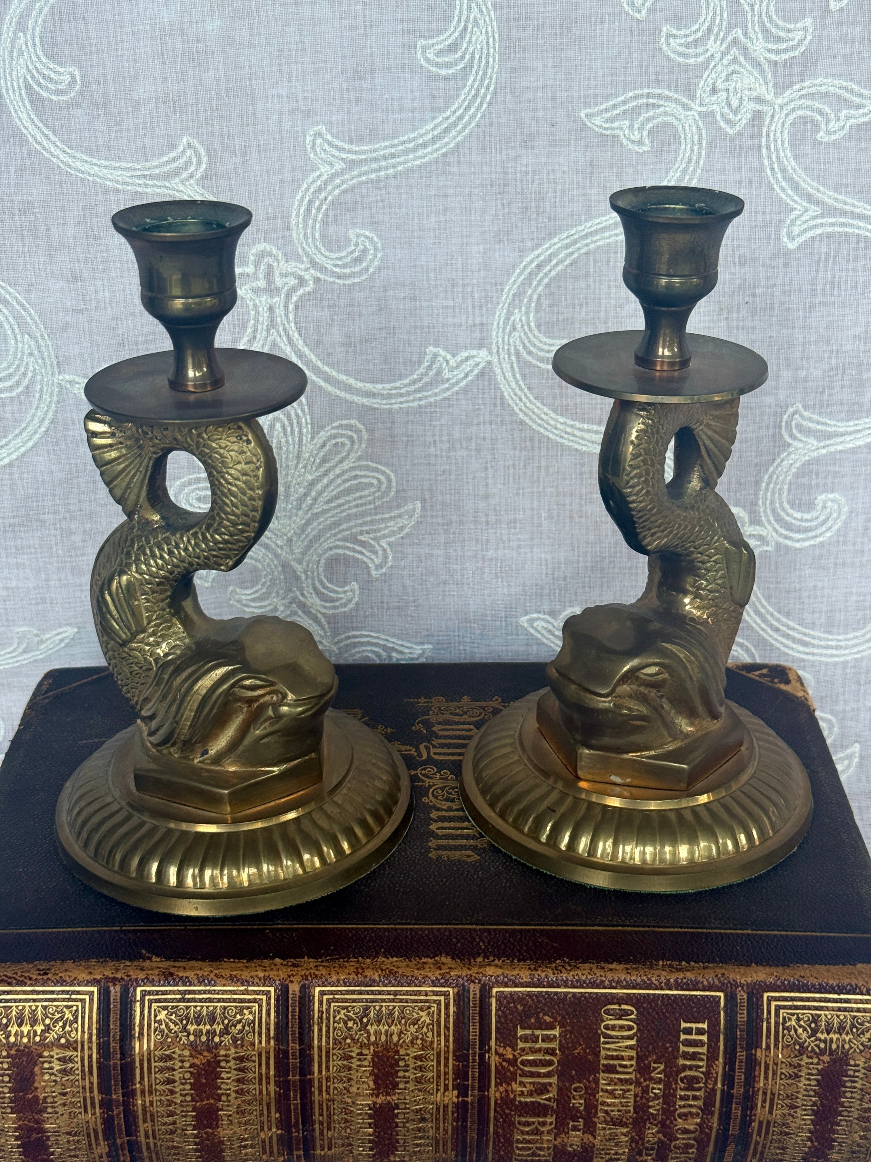 Vintage Brass Fish Candlesticks – Pair