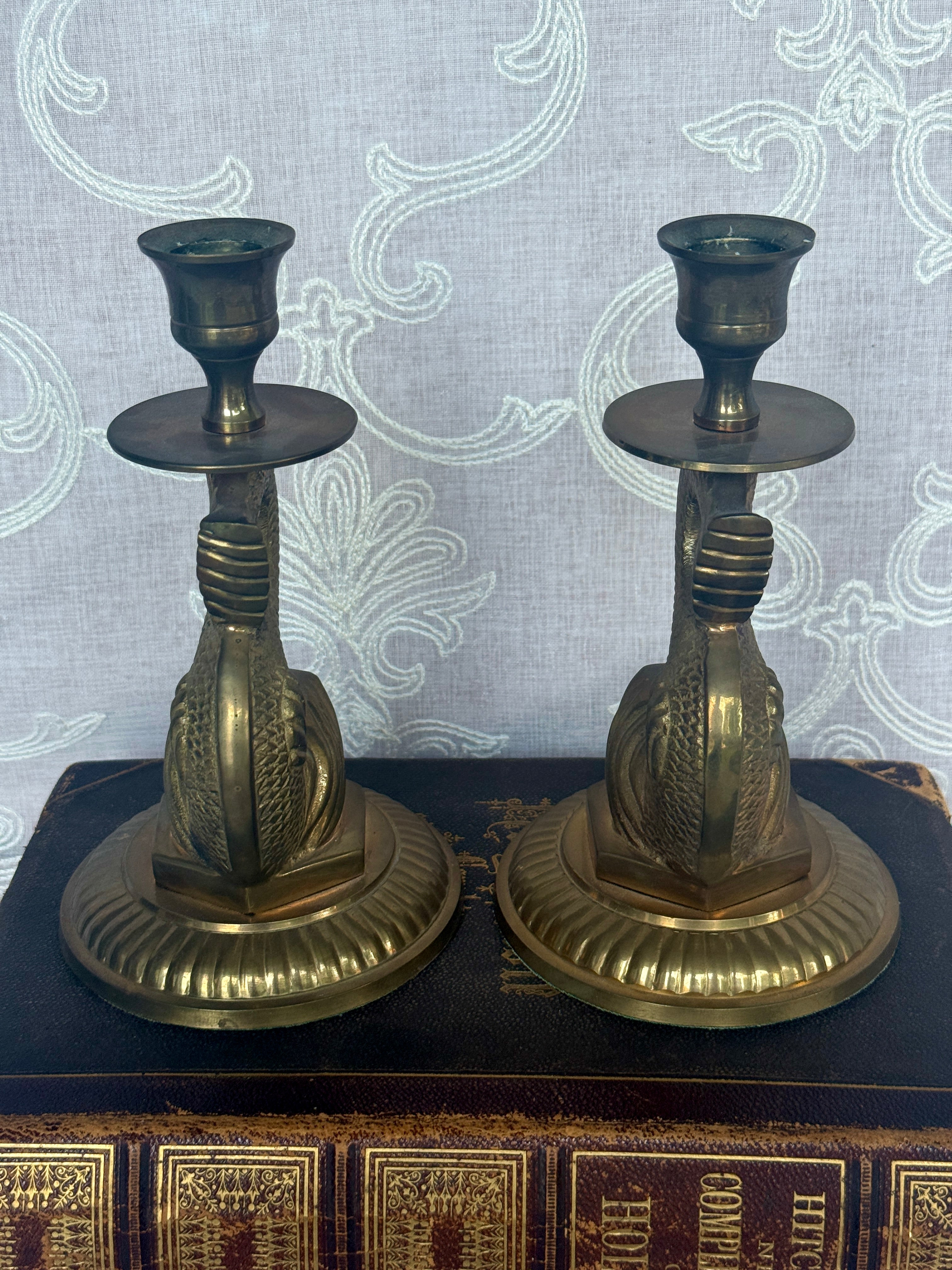 Vintage Brass Fish Candlesticks – Pair