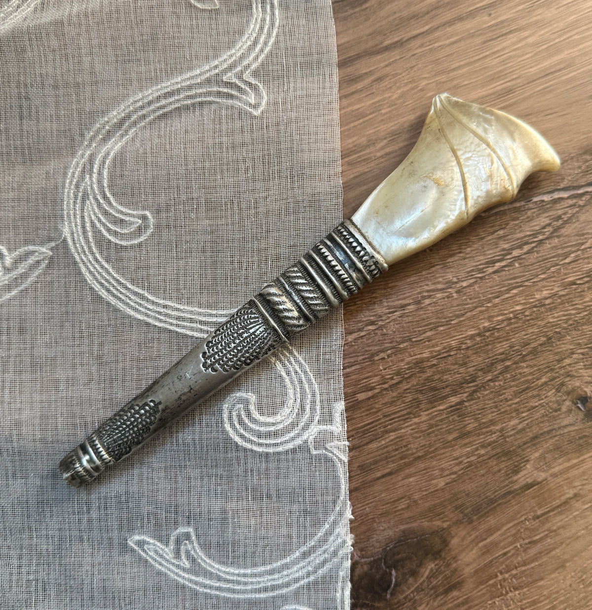 Antique Sterling Silver & Mother-of-Pearl Parasol Handle with Monogram – D