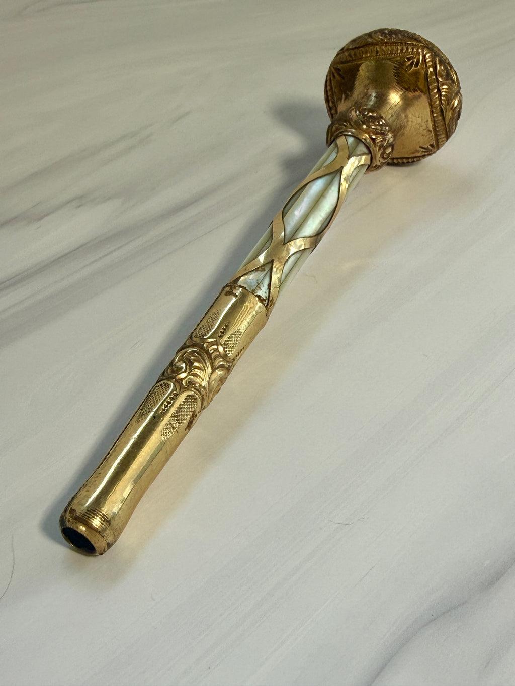 Antique Mother-of-Pearl Parasol Handle with Gilt-Tone Lattice Detail – A2