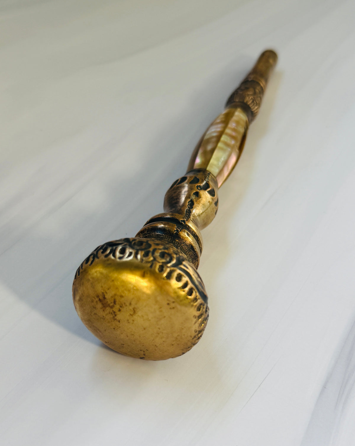 Antique Mother-of-Pearl Parasol Handle with Ornate Floral Gilt-Tone Knob – A3