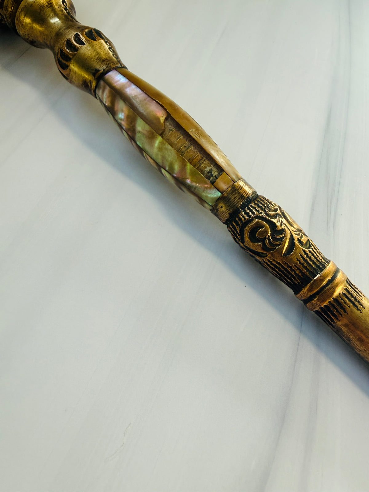 Antique Mother-of-Pearl Parasol Handle with Gilt-Tone Lattice Detail – A2