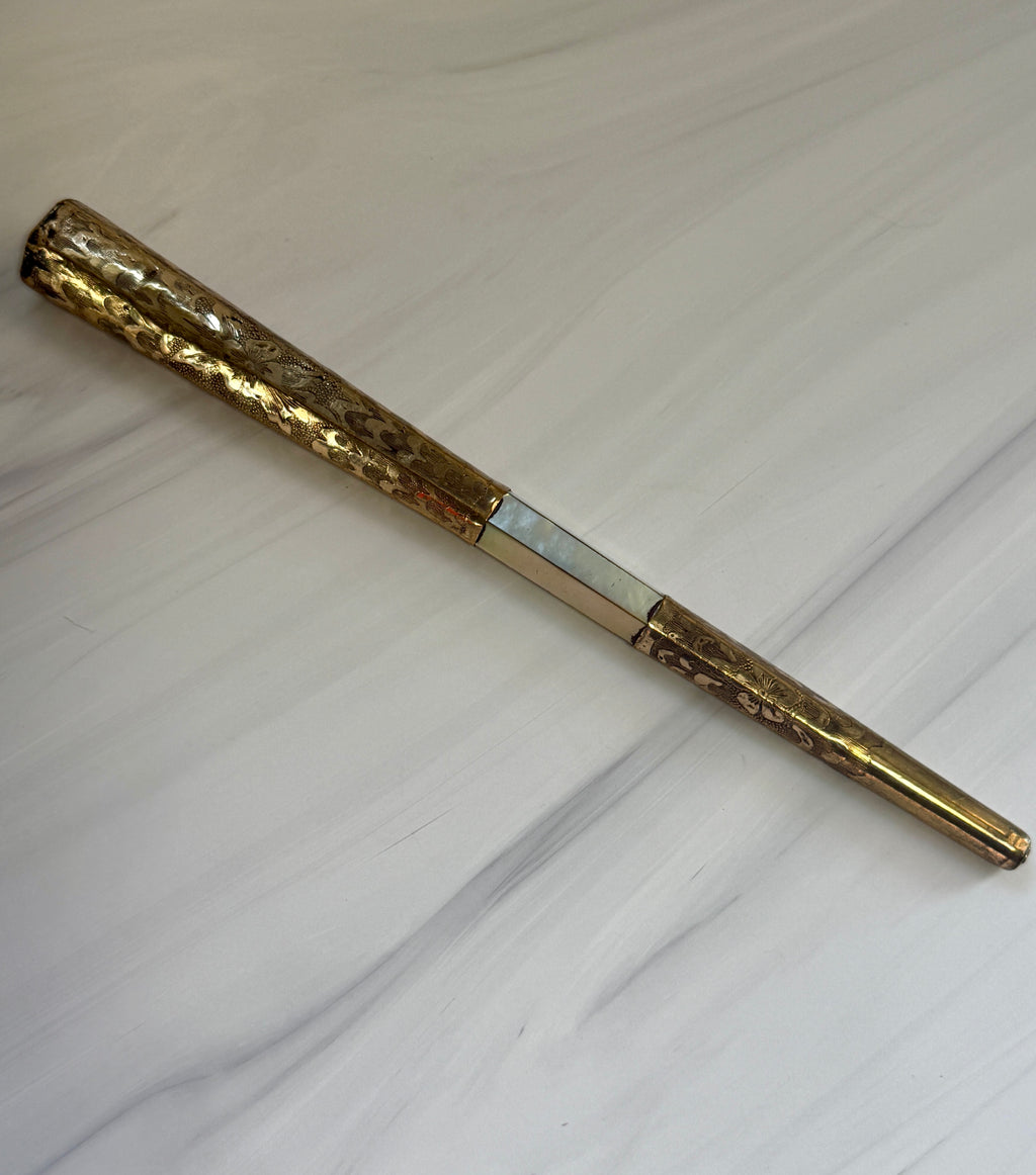 Antique Mother-of-Pearl Parasol Handle with Engraved Floral Metalwork – A5