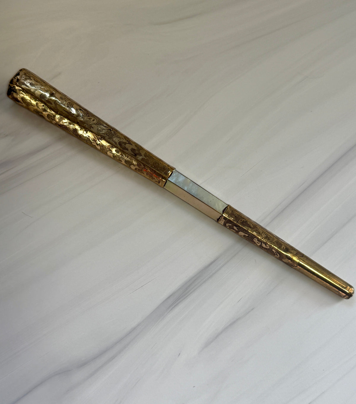 Antique Mother-of-Pearl Parasol Handle with Engraved Floral Metalwork – A5