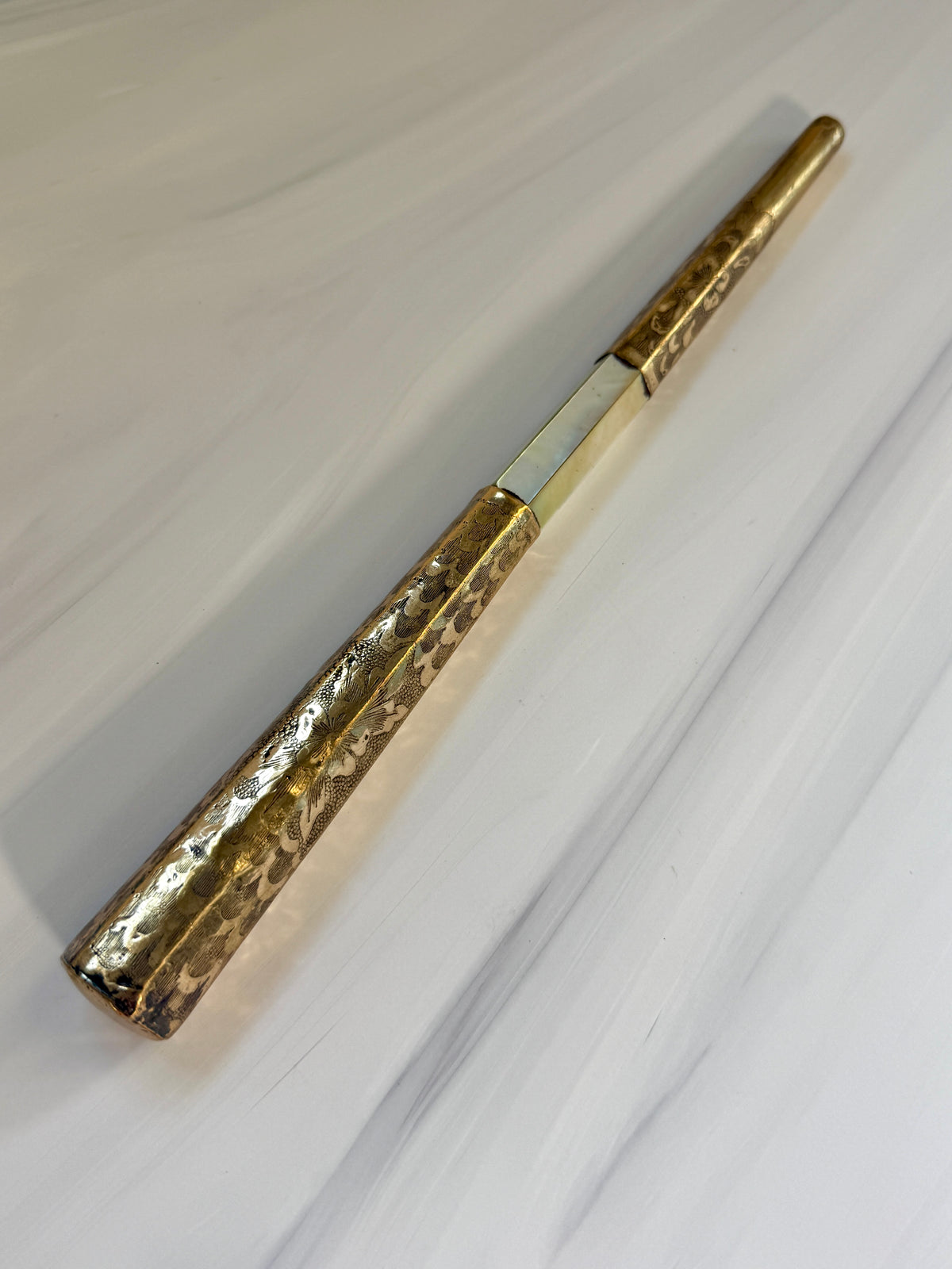 Antique Mother-of-Pearl Parasol Handle with Engraved Floral Metalwork – A5
