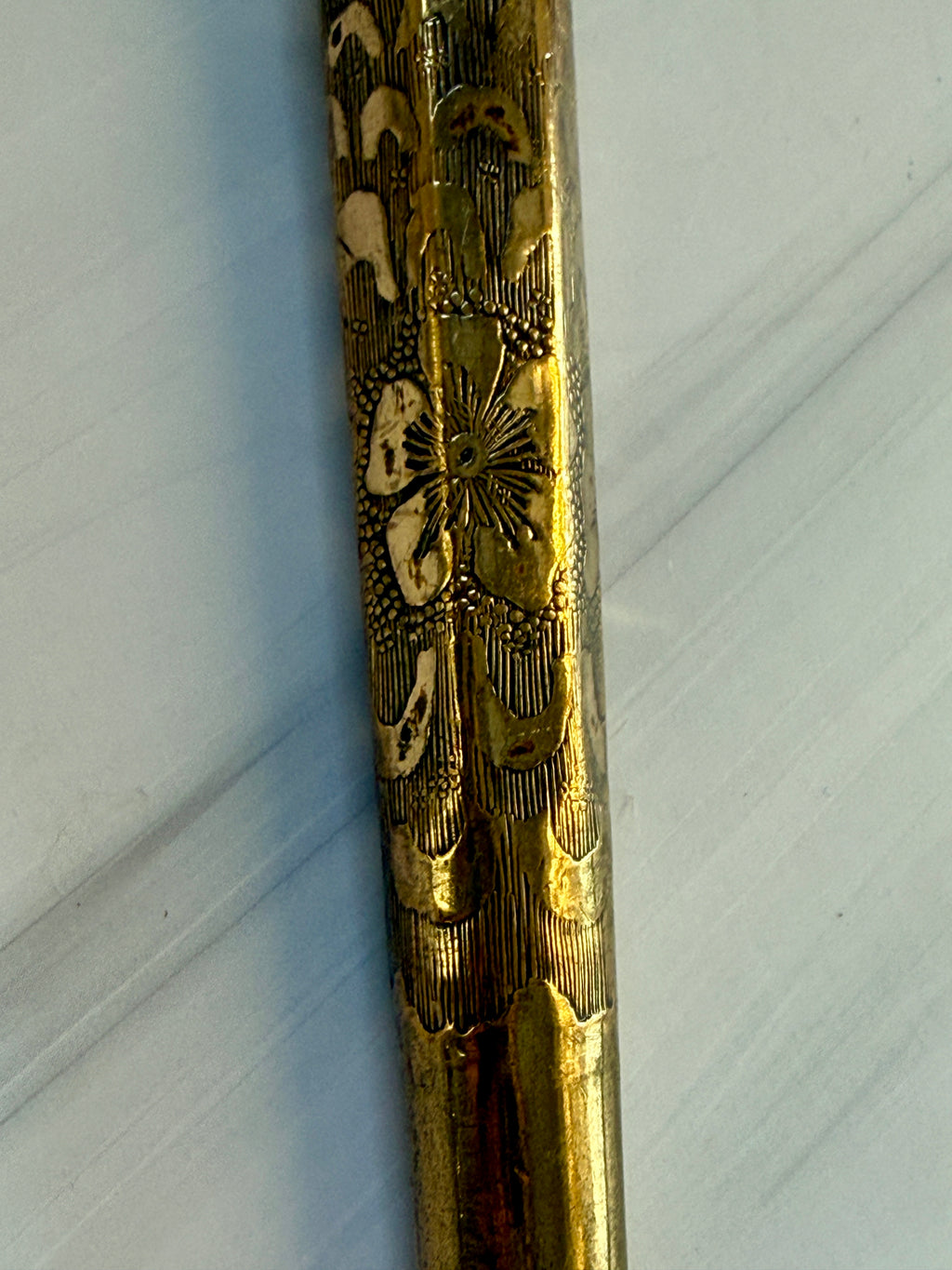 Antique Mother-of-Pearl Parasol Handle with Engraved Floral Metalwork – A5