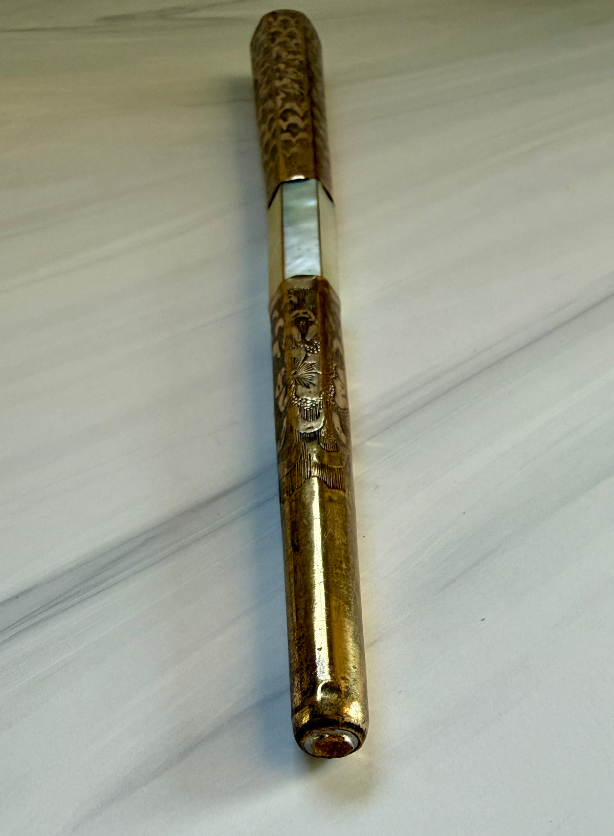 Antique Mother-of-Pearl Parasol Handle with Engraved Floral Metalwork – A5