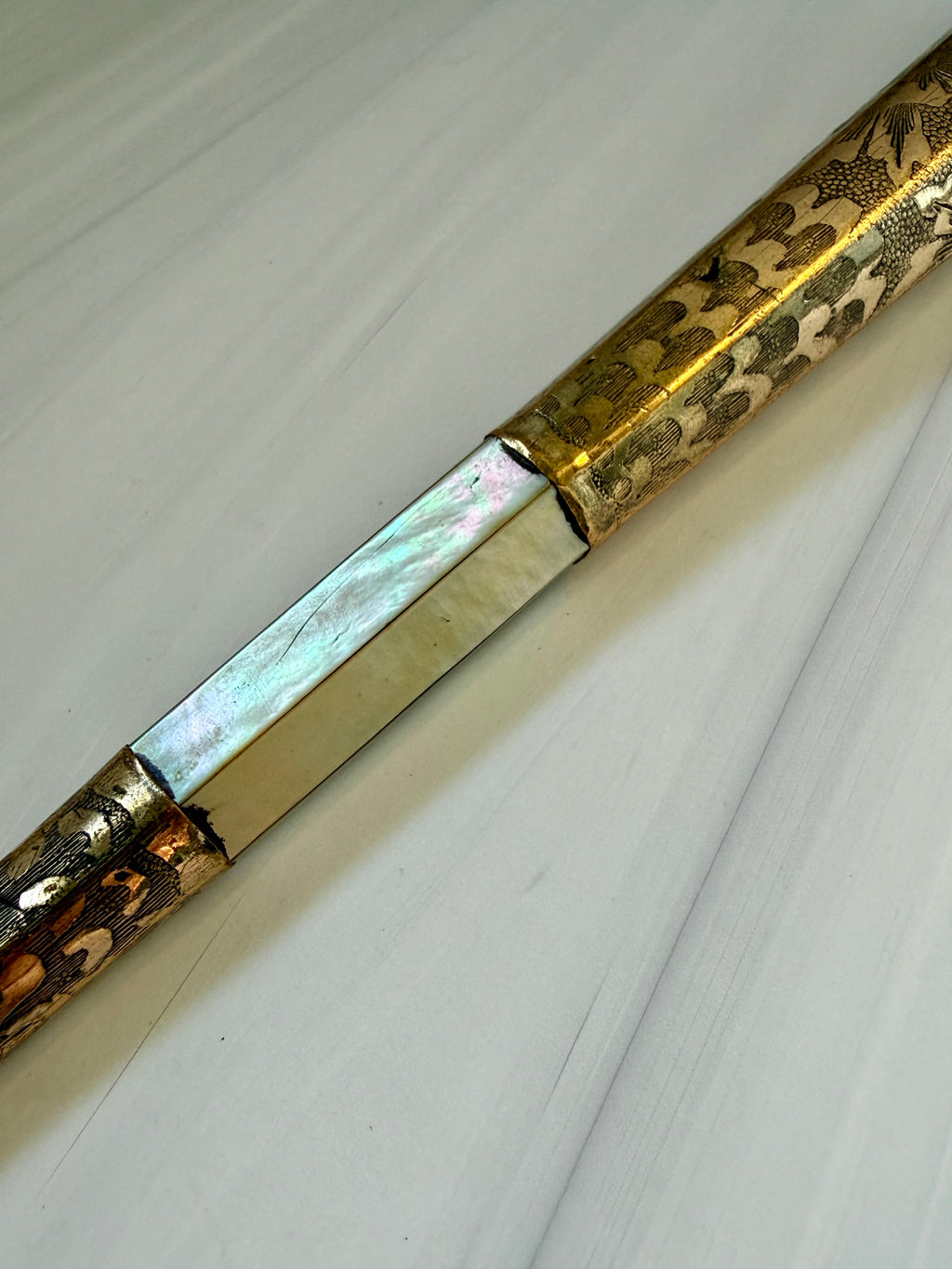 Antique Mother-of-Pearl Parasol Handle with Engraved Floral Metalwork – A5