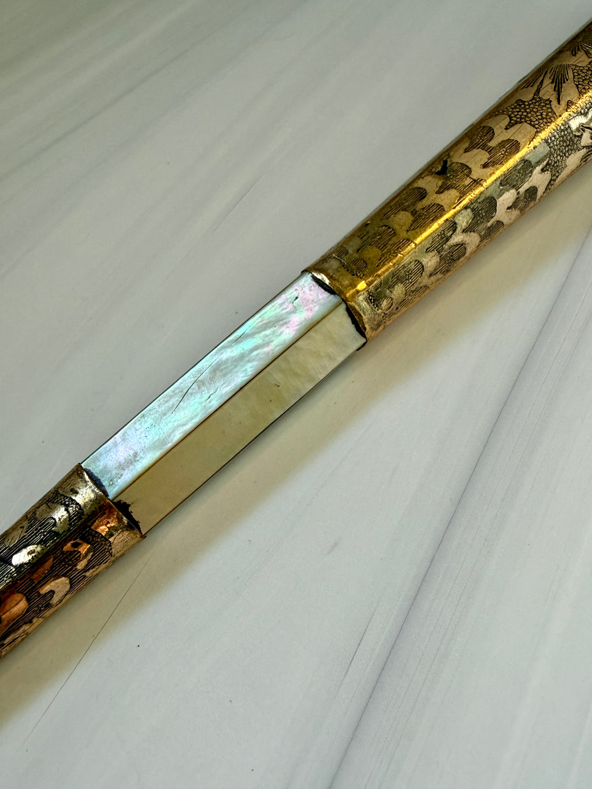 Antique Mother-of-Pearl Parasol Handle with Engraved Floral Metalwork – A5